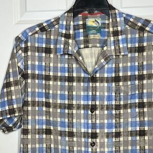 Tommy Bahama SILK Blend Island Modern Fit Shirt Mens XL Blue Plaid Short Sleeve